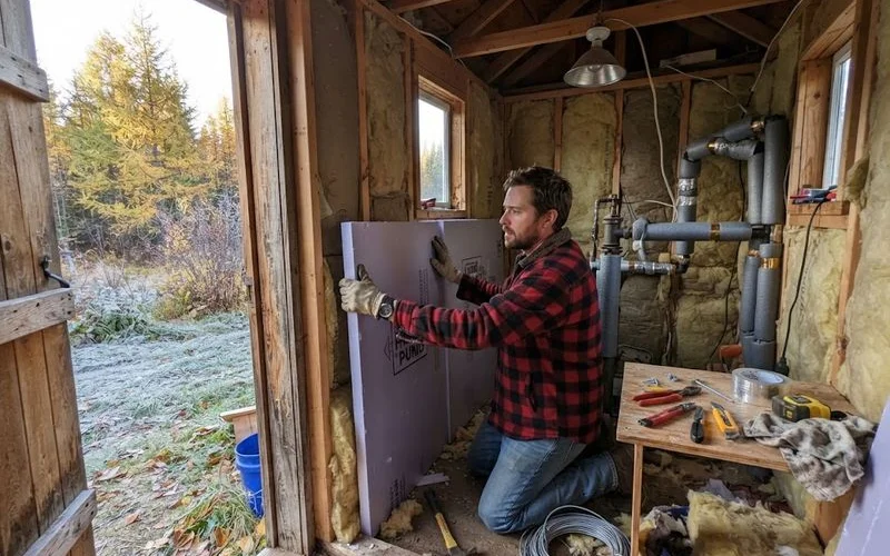 Insulated well pump house with heat-taped pipe and a covered pressure tank on a cold autumn morning